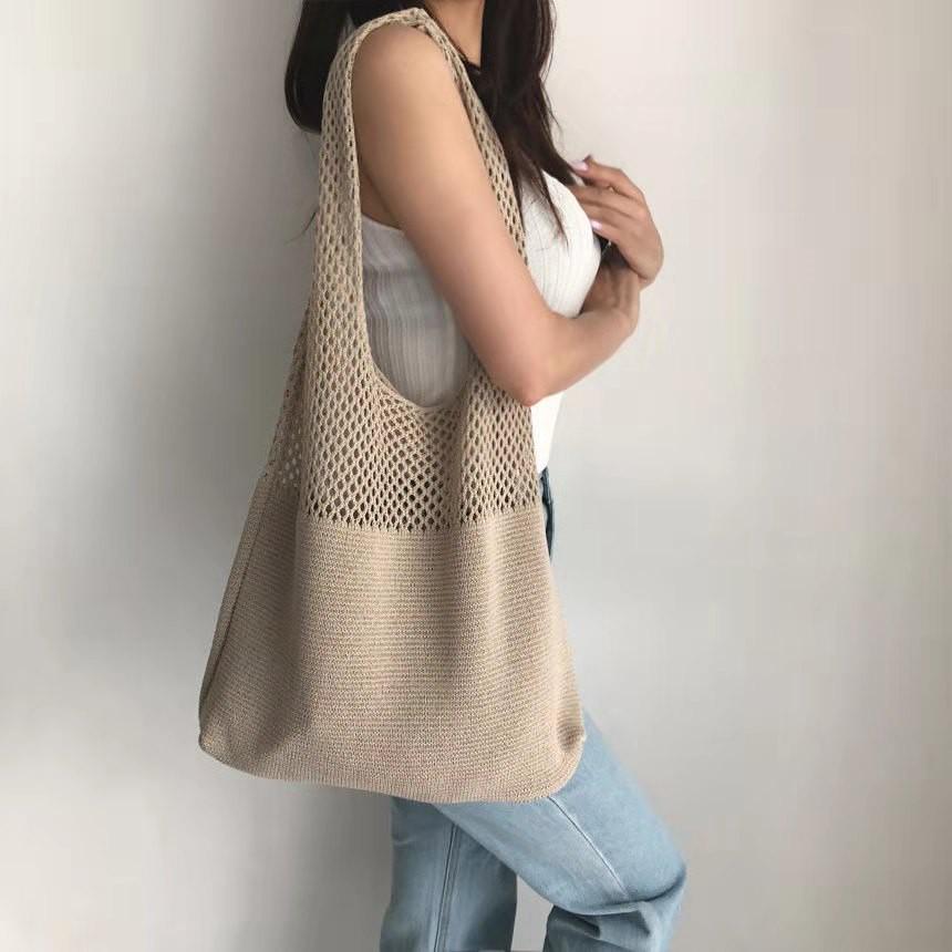 Korea Retro Hollow Knitted Bag Hollow Mesh Woven Bags Cotton Rope Knitting Women Shoulder Bags Female Woven Bag