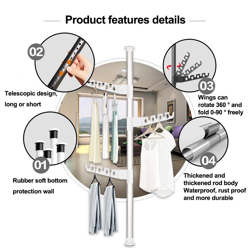 Rumahhome Adjustable Clothes Drying Rack Floor To Ceiling Tension Pole Hanger Stand Bedroom Telescopic Coat Hanger
