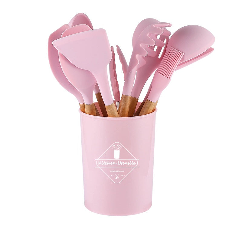 (SG Stock)Rumahhome11 PCS Cooking Utensils Set Non-Stick Spatula Shovel Wooden Handle Kitchenware with Storage