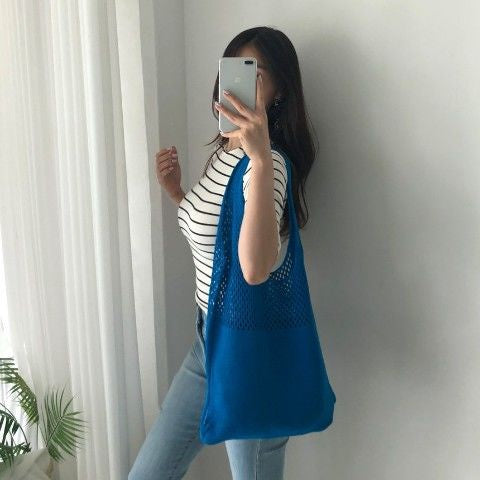 Korea Retro Hollow Knitted Bag Hollow Mesh Woven Bags Cotton Rope Knitting Women Shoulder Bags Female Woven Bag