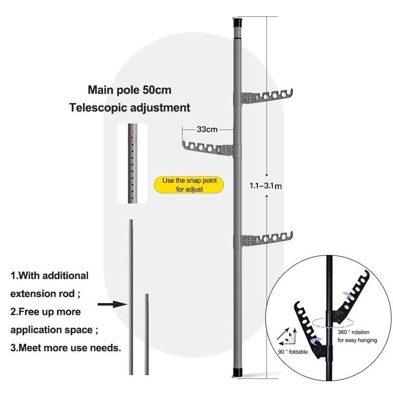 Rumahhome Adjustable Clothes Drying Rack Floor To Ceiling Tension Pole Hanger Stand Bedroom Telescopic Coat Hanger