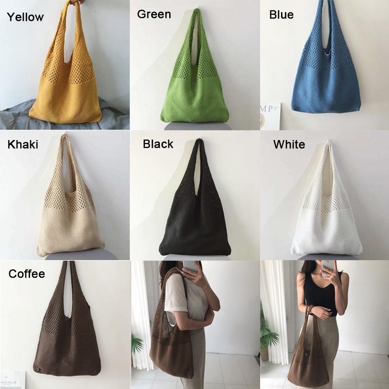 Korea Retro Hollow Knitted Bag Hollow Mesh Woven Bags Cotton Rope Knitting Women Shoulder Bags Female Woven Bag