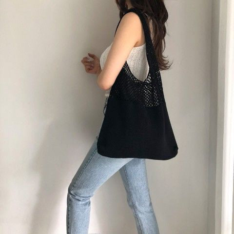 Korea Retro Hollow Knitted Bag Hollow Mesh Woven Bags Cotton Rope Knitting Women Shoulder Bags Female Woven Bag