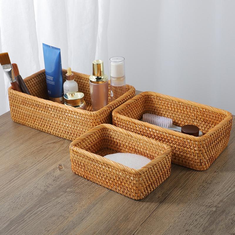 Rumahhome Hand-Woven Rattan Basket Fruit Container Makeup Storage Bread Box Kitchen Bathroom Storage Baskets