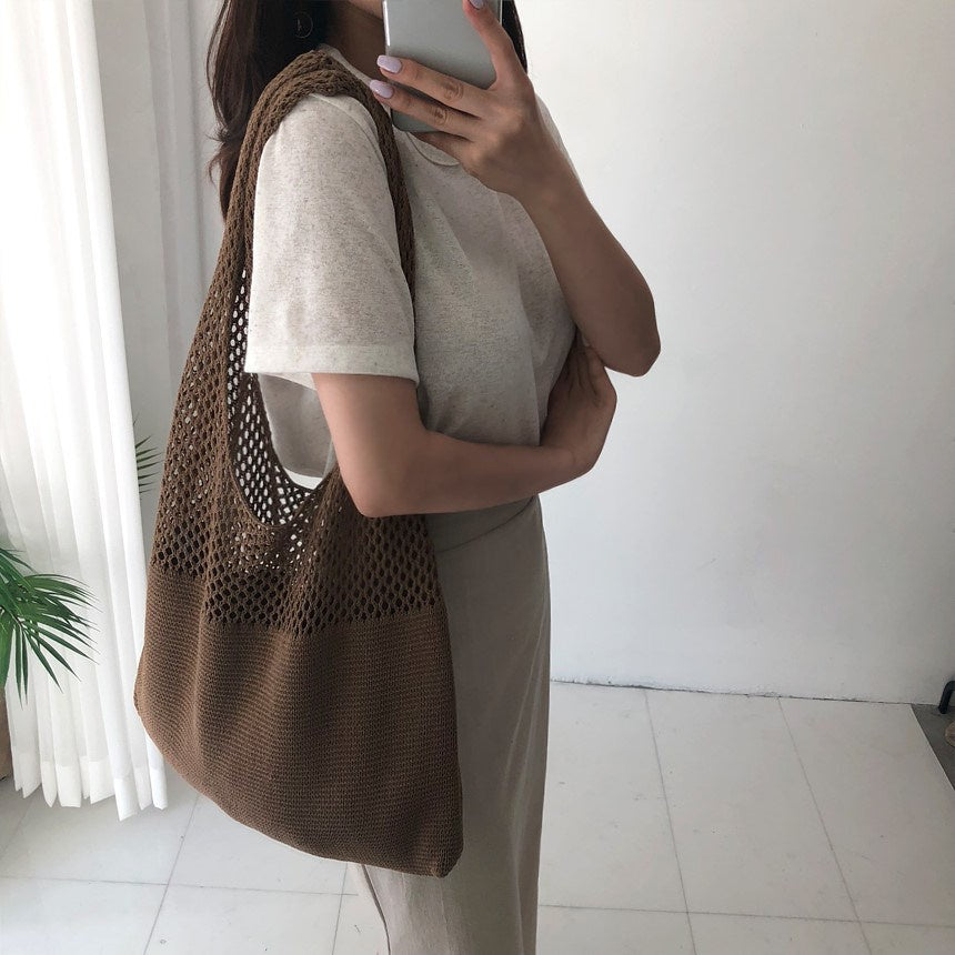 Korea Retro Hollow Knitted Bag Hollow Mesh Woven Bags Cotton Rope Knitting Women Shoulder Bags Female Woven Bag