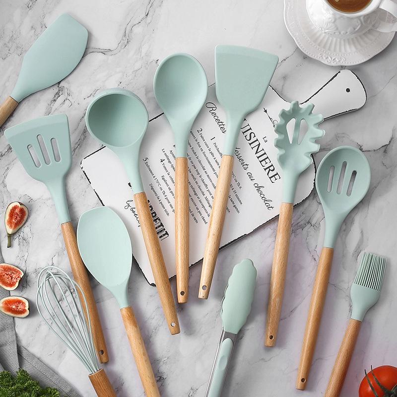 (SG Stock)Rumahhome11 PCS Cooking Utensils Set Non-Stick Spatula Shovel Wooden Handle Kitchenware with Storage
