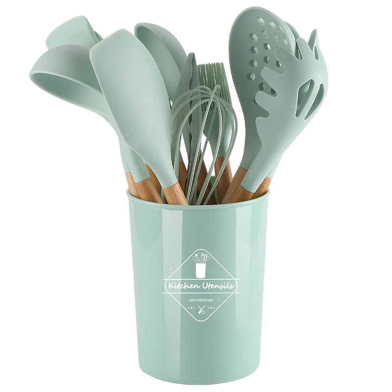 (SG Stock)Rumahhome11 PCS Cooking Utensils Set Non-Stick Spatula Shovel Wooden Handle Kitchenware with Storage