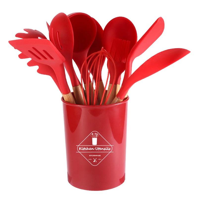 (SG Stock)Rumahhome11 PCS Cooking Utensils Set Non-Stick Spatula Shovel Wooden Handle Kitchenware with Storage