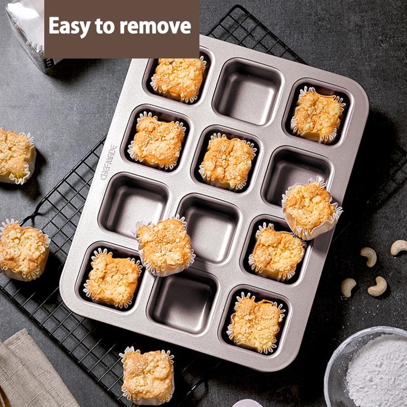 Carbon Steel 12 Cavity Muffin Pan Non-Stick Bakeware Square Pan Mould for Brownie 12 Hole Baking Tray Cupcake