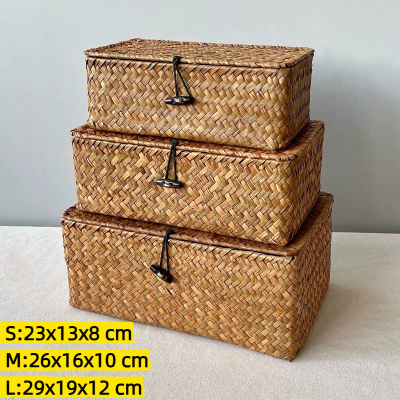Rattan Woven Storage Basket Desktop Cosmetics Organizer Multi-functional Box Container