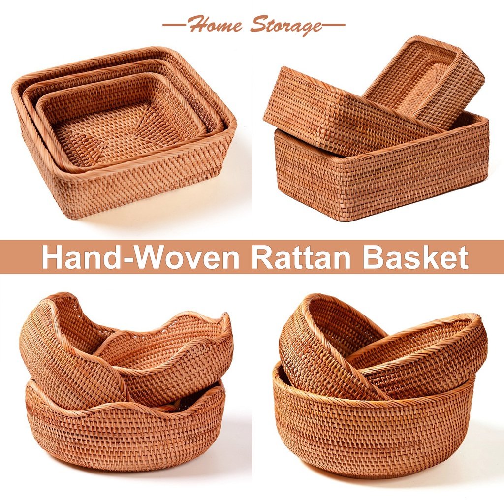Rumahhome Hand-Woven Rattan Basket Fruit Container Makeup Storage Bread Box Kitchen Bathroom Storage Baskets