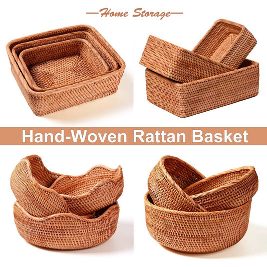 Rumahhome Hand-Woven Rattan Basket Fruit Container Makeup Storage Bread Box Kitchen Bathroom Storage Baskets