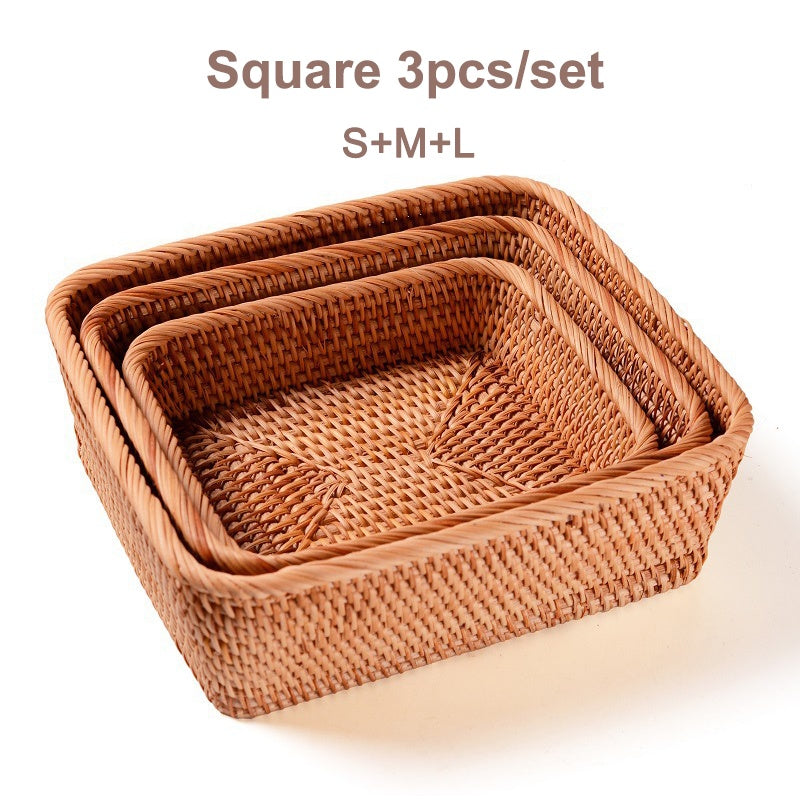 Rumahhome Hand-Woven Rattan Basket Fruit Container Makeup Storage Bread Box Kitchen Bathroom Storage Baskets