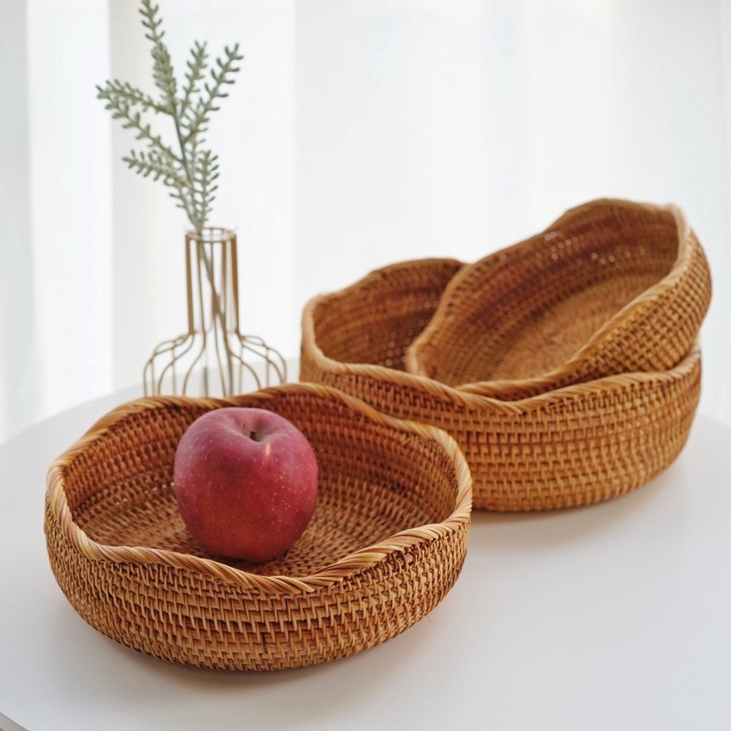 Rumahhome Hand-Woven Rattan Basket Fruit Container Makeup Storage Bread Box Kitchen Bathroom Storage Baskets