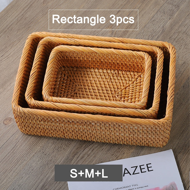 Rumahhome Hand-Woven Rattan Basket Fruit Container Makeup Storage Bread Box Kitchen Bathroom Storage Baskets