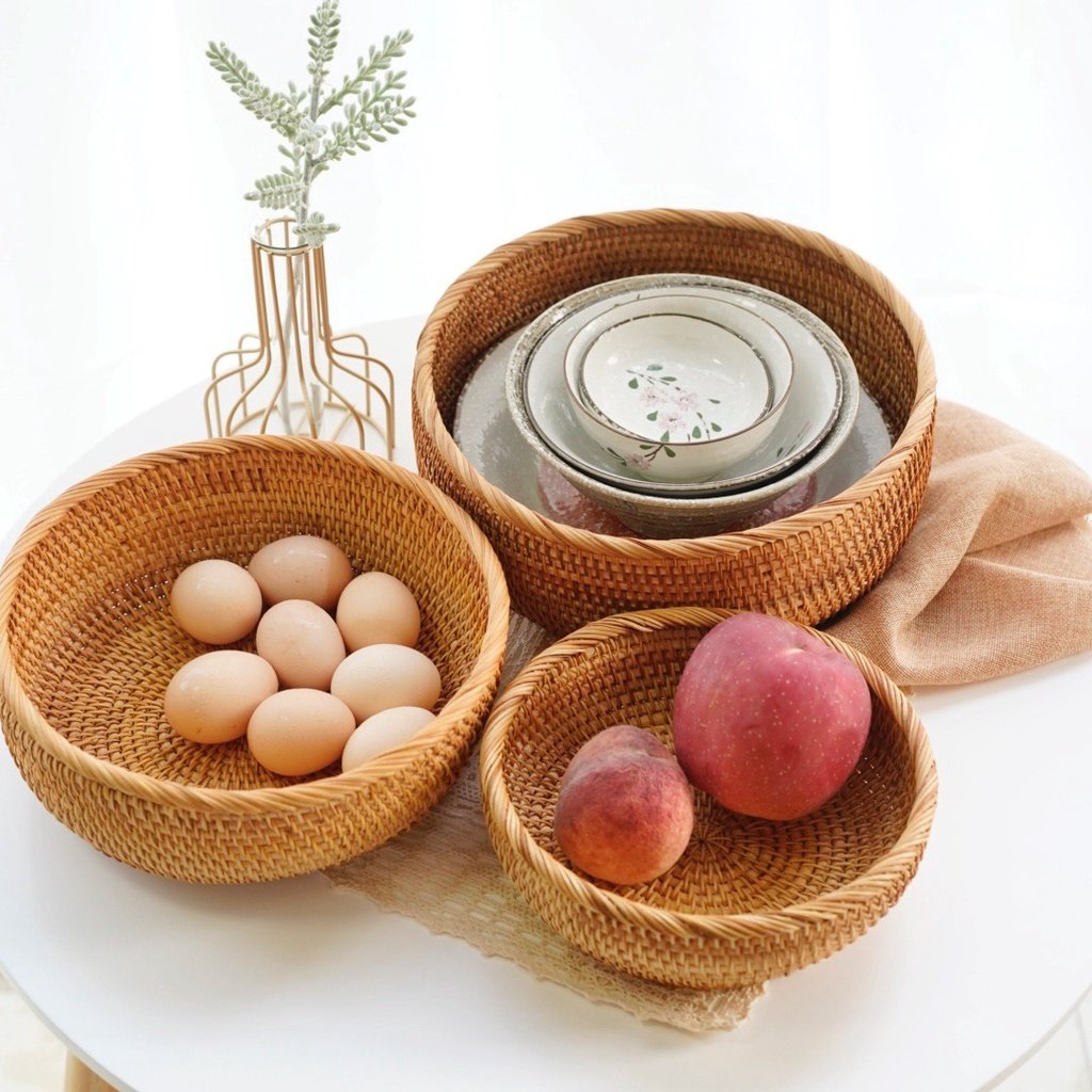Rumahhome Hand-Woven Rattan Basket Fruit Container Makeup Storage Bread Box Kitchen Bathroom Storage Baskets