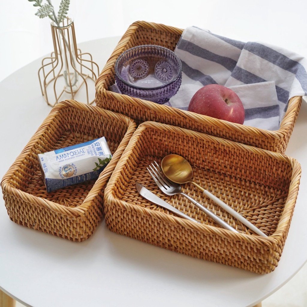 Rumahhome Hand-Woven Rattan Basket Fruit Container Makeup Storage Bread Box Kitchen Bathroom Storage Baskets