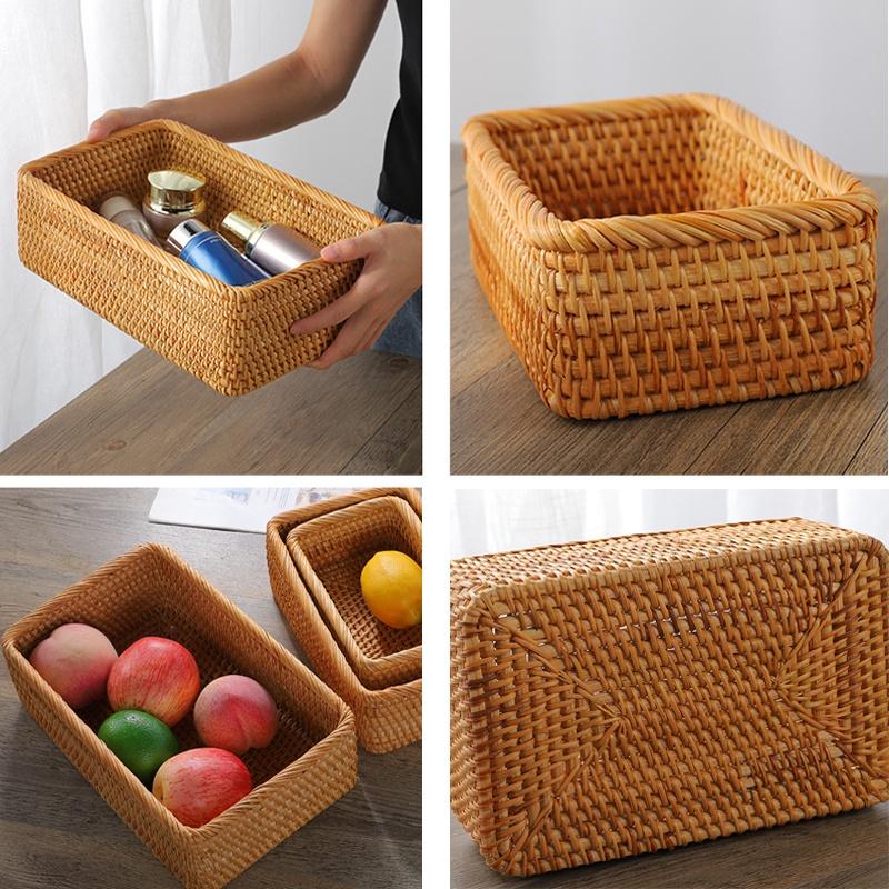 Rumahhome Hand-Woven Rattan Basket Fruit Container Makeup Storage Bread Box Kitchen Bathroom Storage Baskets