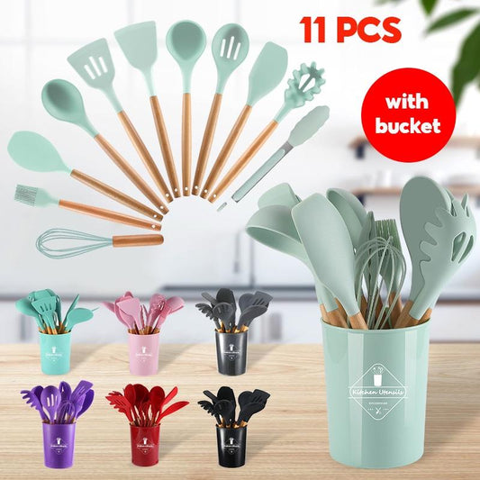 (SG Stock)Rumahhome11 PCS Cooking Utensils Set Non-Stick Spatula Shovel Wooden Handle Kitchenware with Storage