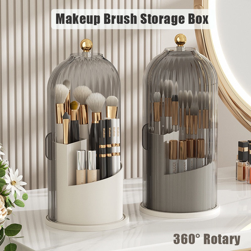 Makeup Brush Storage Box Cosmetic Table Organiser -360° Rotary Dustproof Holder With Cover