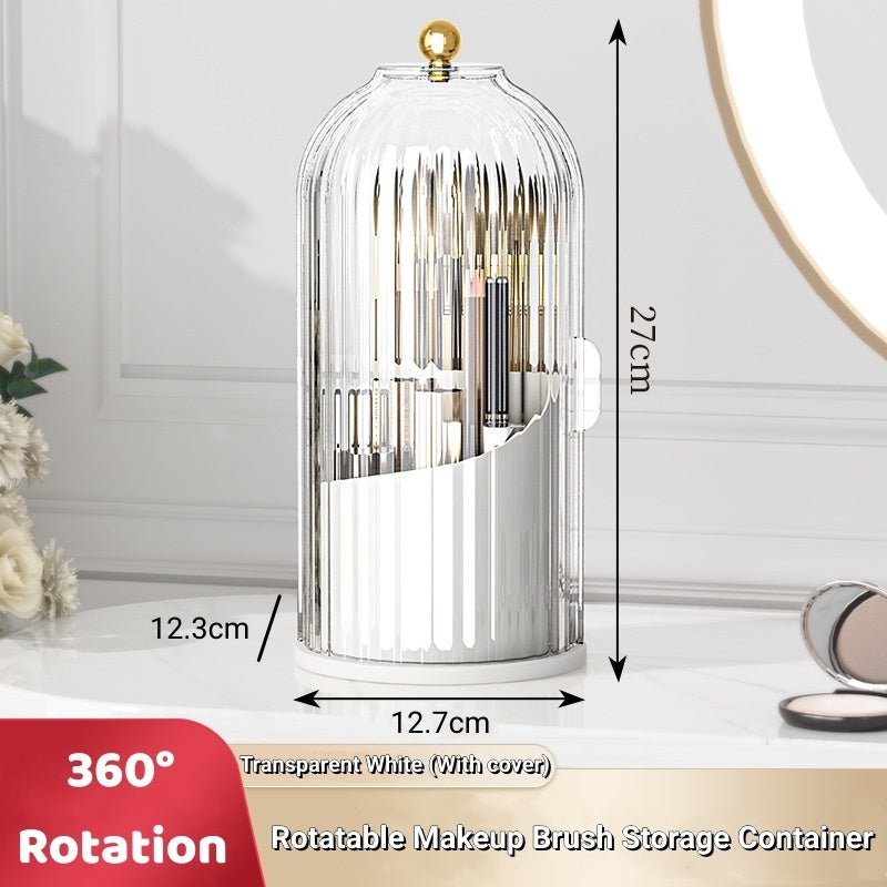 Makeup Brush Storage Box Cosmetic Table Organiser -360° Rotary Dustproof Holder With Cover