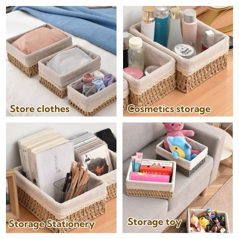 Rattan Woven Storage Basket Desktop Cosmetics Organizer Multi-functional Box Container