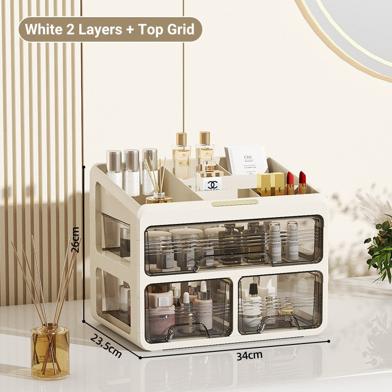 Dustproof Cosmetic Storage Organiser with Drawers - Skincare & Makeup Vanity Table Organizer,  Transparent Desktop Box