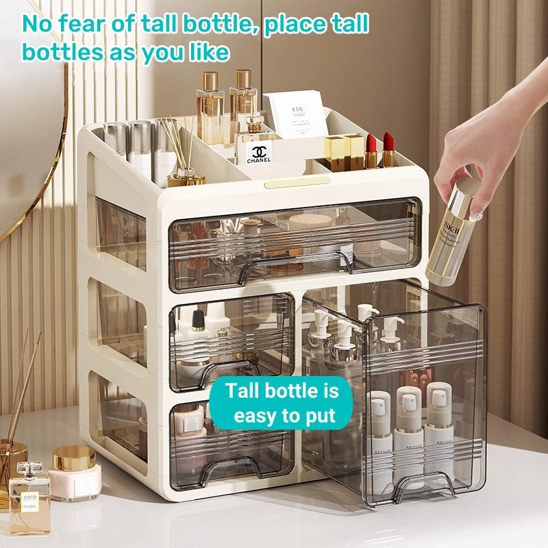 Dustproof Cosmetic Storage Organiser with Drawers - Skincare & Makeup Vanity Table Organizer,  Transparent Desktop Box