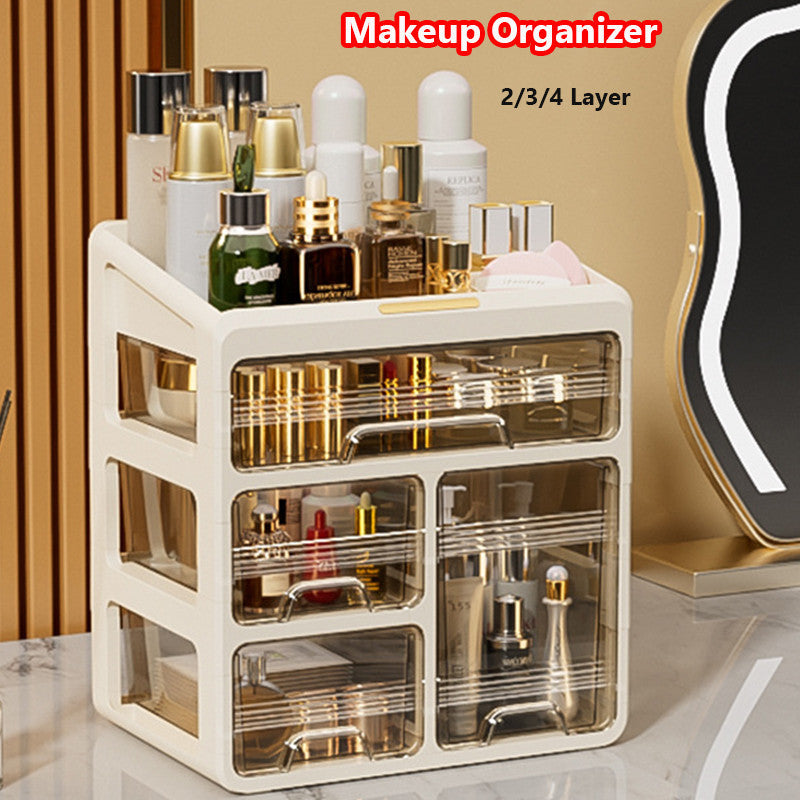 Dustproof Cosmetic Storage Organiser with Drawers - Skincare & Makeup Vanity Table Organizer,  Transparent Desktop Box