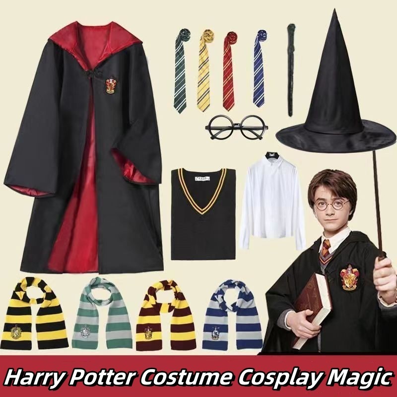 Harry Potter Cloak Cape Costume Set Gift-Adult Kids Gryffindor Slytherin Hufflepuff Halloween Cosplay-Glasses,Tie