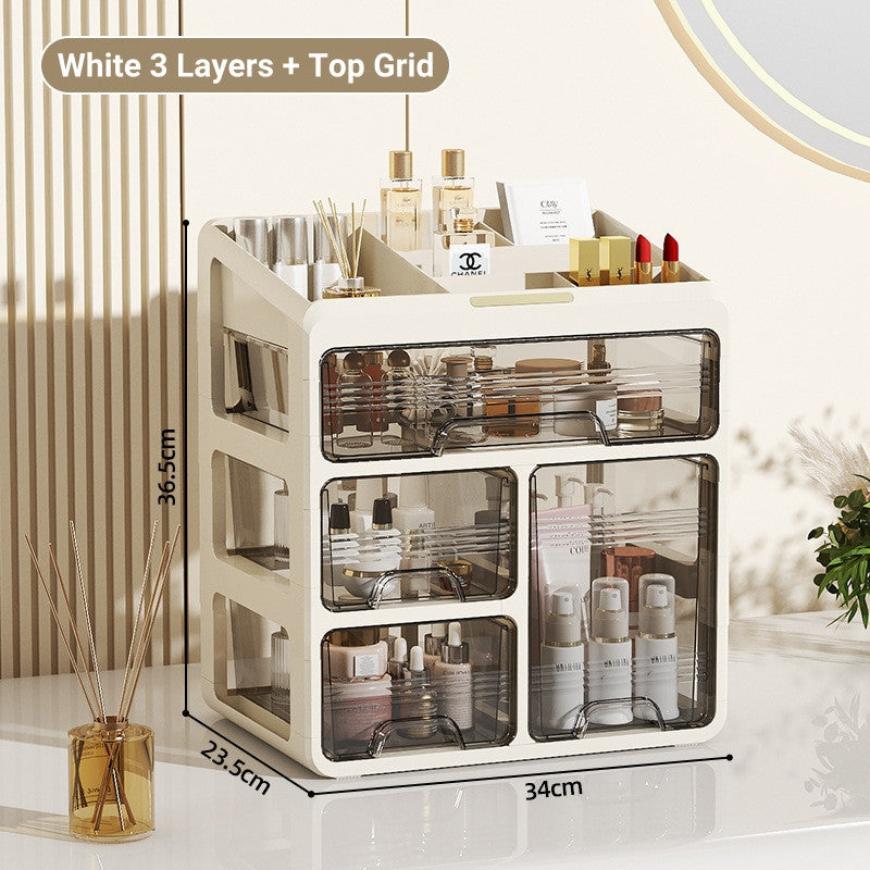 Dustproof Cosmetic Storage Organiser with Drawers - Skincare & Makeup Vanity Table Organizer,  Transparent Desktop Box