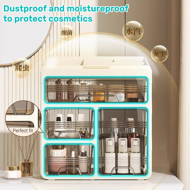Dustproof Cosmetic Storage Organiser with Drawers - Skincare & Makeup Vanity Table Organizer,  Transparent Desktop Box