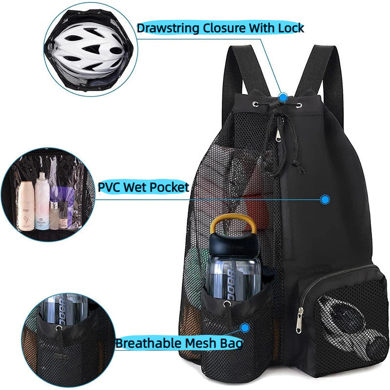Waterproof Swim Backpack - Mesh Gym Beach Storage Bag Wet Dry Separate, Durable Nylon Drawstring for Travel & Sports