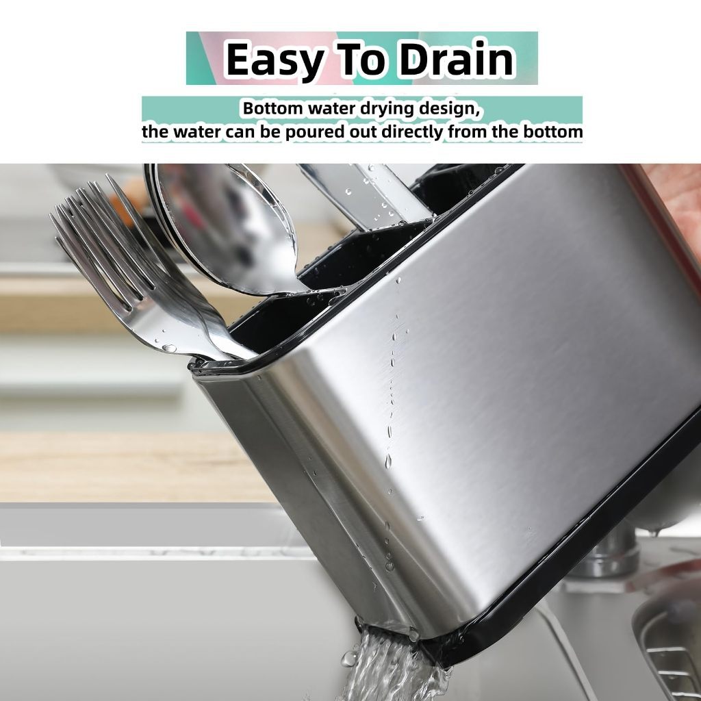Kitchen Storage Stainless Steel Utensil Knife Cutlery Holder Organiser -Spoon Fork Chopsticks Water Drainer
