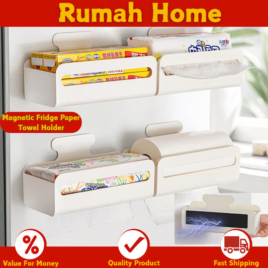 Magnetic Fridge Paper Towel Holder Kitchen Tissue Organiser Rack Wall Mount No Drill Shelf Space Saving Storage Box