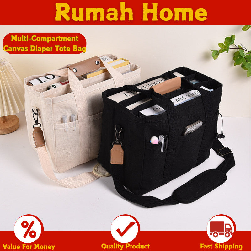 Canvas Diaper Tote Bag -Multi-Compartment Mommy Bag With  Adjustable Strap for Travel & Daily Use