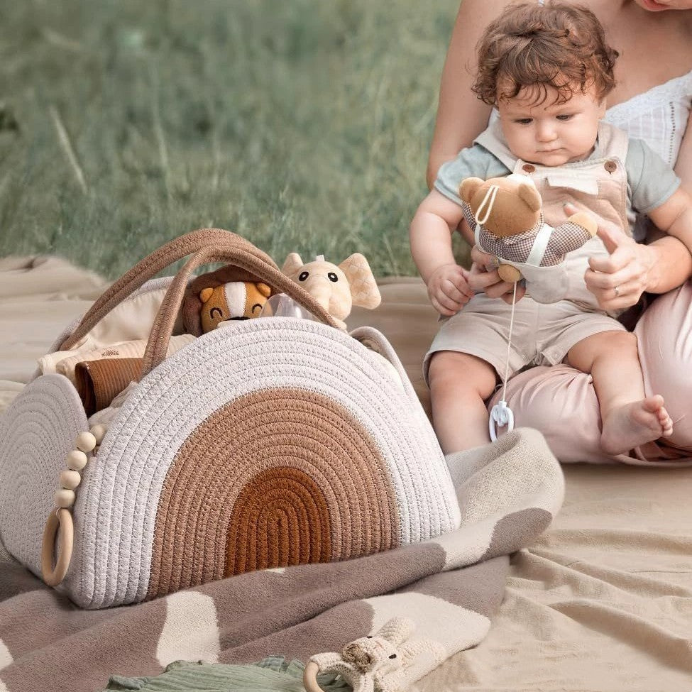 Baby Diaper Caddy Bag - Foldable Woven Cotton Storage Basket  Portable Mummy Nursery Organiser