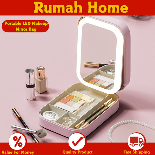 Portable LED Makeup Mirror Bag-3 Color Touch Light, Rechargeable Adjustable Brightness Travel Cosmetic Organizer Storage