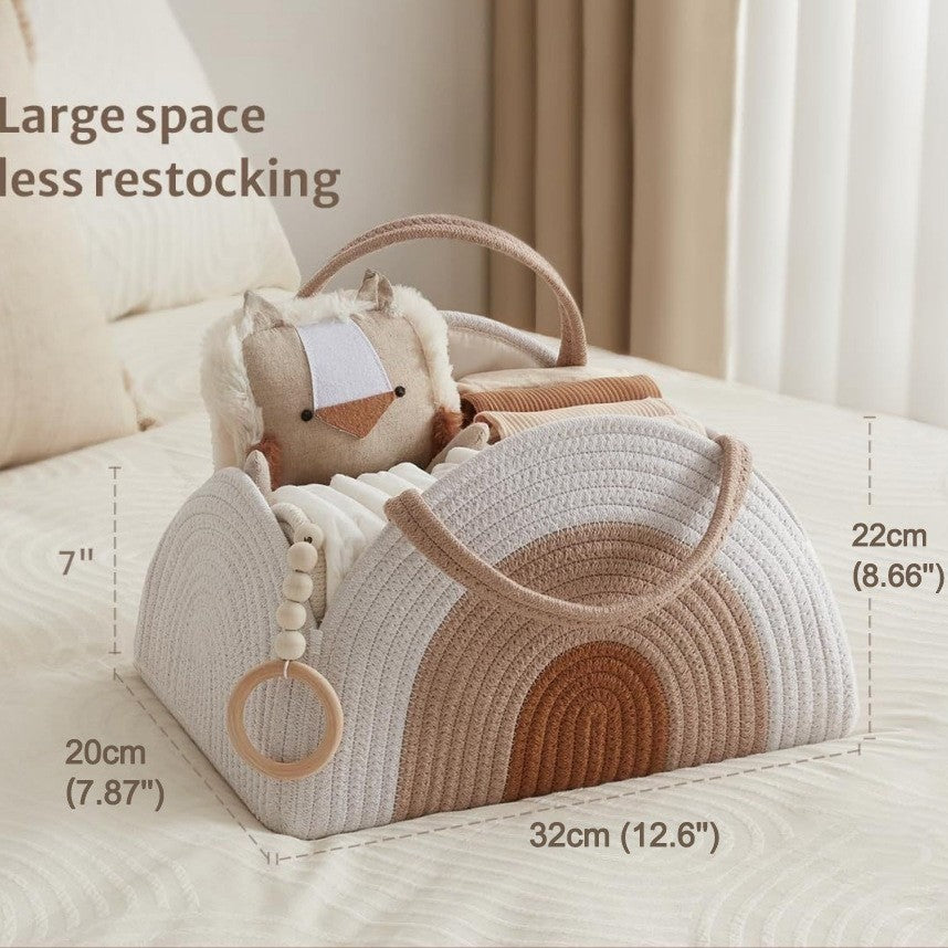 Baby Diaper Caddy Bag - Foldable Woven Cotton Storage Basket  Portable Mummy Nursery Organiser
