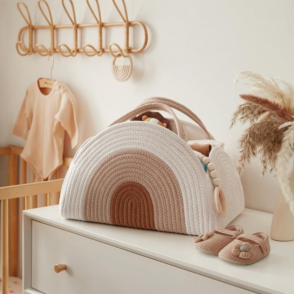 Baby Diaper Caddy Bag - Foldable Woven Cotton Storage Basket  Portable Mummy Nursery Organiser