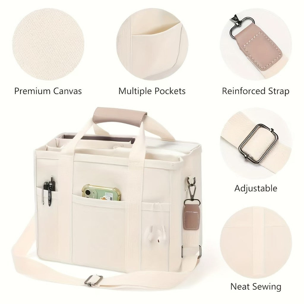 Canvas Diaper Tote Bag -Multi-Compartment Mommy Bag With  Adjustable Strap for Travel & Daily Use