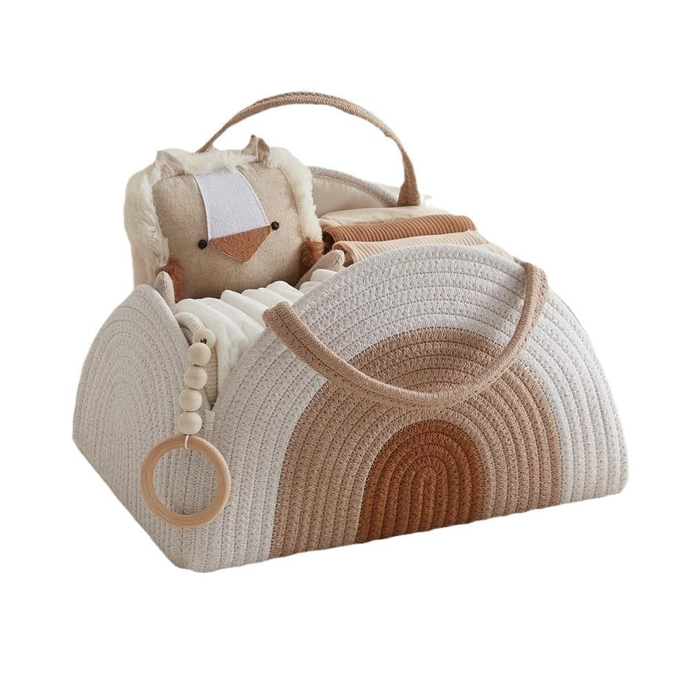 Baby Diaper Caddy Bag - Foldable Woven Cotton Storage Basket  Portable Mummy Nursery Organiser