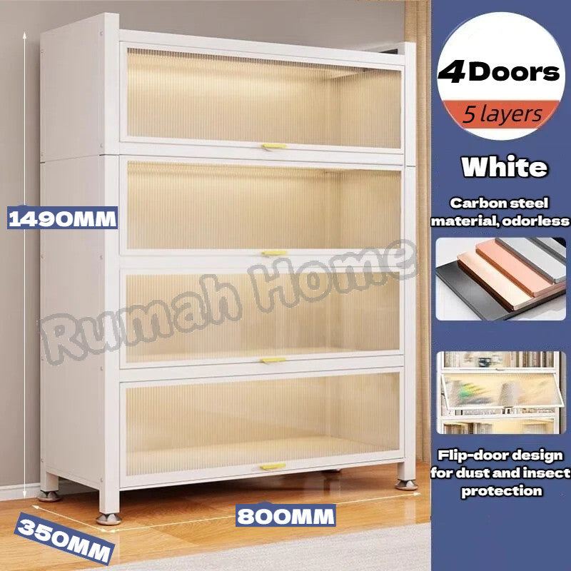 Multi-layer Storage Cabinet with Doors | Dustproof Book Shelf for Kitchen Living Room Bedroom Organiser Rack