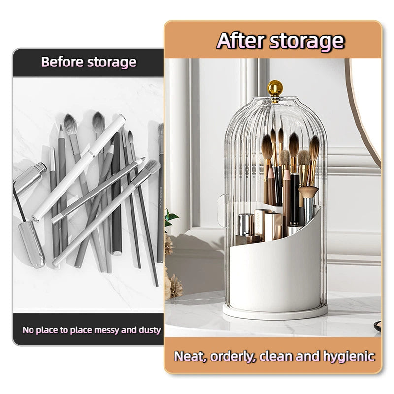 Makeup Brush Storage Box Cosmetic Table Organiser -360° Rotary Dustproof Holder With Cover