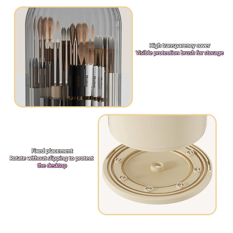 Makeup Brush Storage Box Cosmetic Table Organiser -360° Rotary Dustproof Holder With Cover