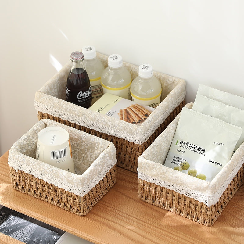Rattan Woven Storage Basket Desktop Cosmetics Organizer Multi-functional Box Container