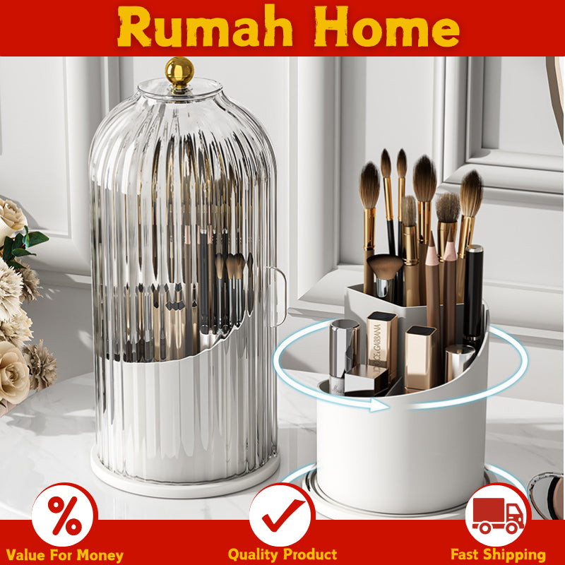 Makeup Brush Storage Box Cosmetic Table Organiser -360° Rotary Dustproof Holder With Cover
