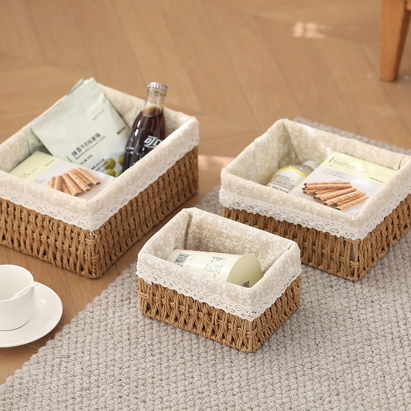 Rattan Woven Storage Basket Desktop Cosmetics Organizer Multi-functional Box Container