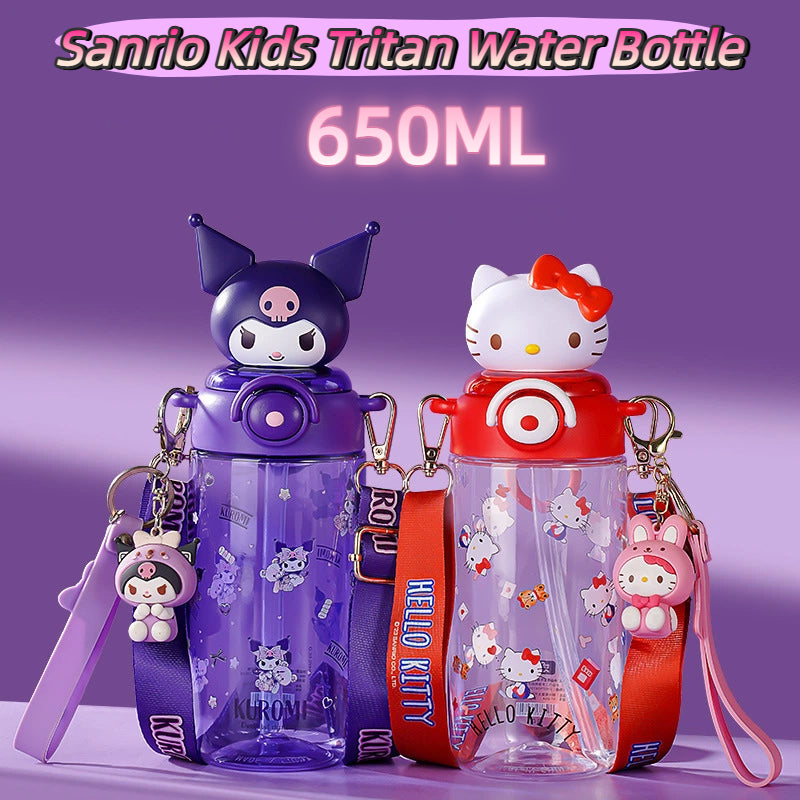Sanrio Kids Tritan Water Bottle 650ml-Portable Straw Cartoon 3D Kuromi Cup BPA Free For Children, School Students