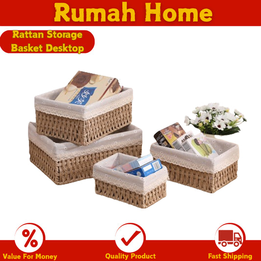Rattan Woven Storage Basket Desktop Cosmetics Organizer Multi-functional Box Container